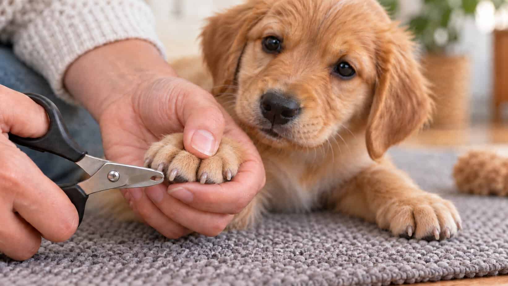 Dog nail clippers positioned safely at the clear tip of a puppy nail