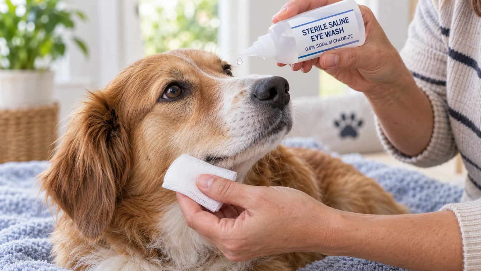 Dog owner holding sterile saline eye wash above a calm dog’s eye without touching the bottle tip to the eye.