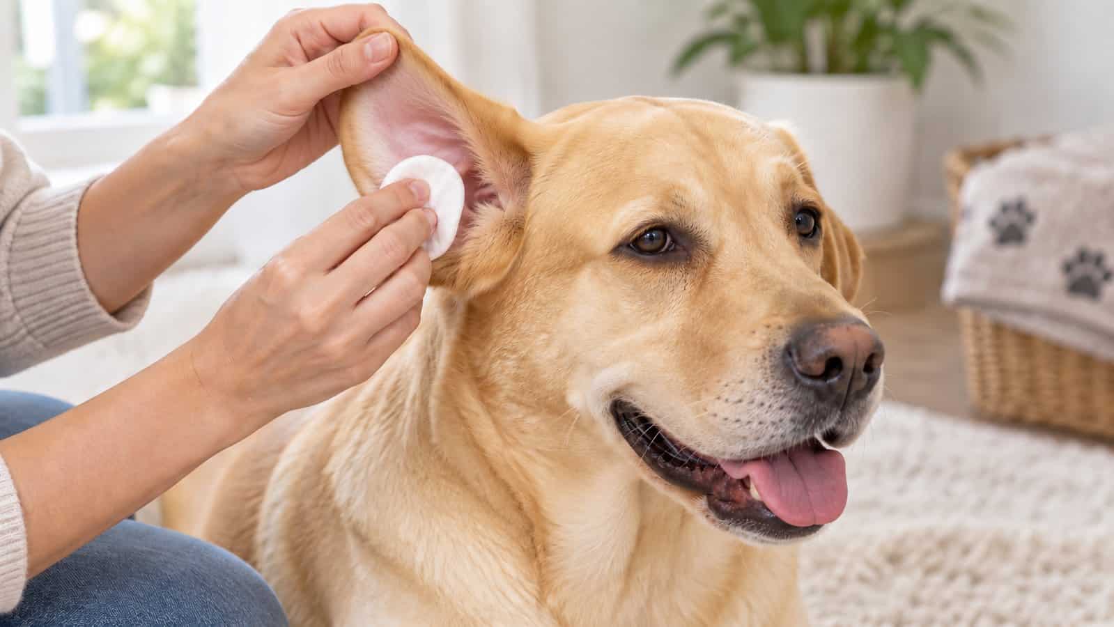 Dog owner gently wiping a Labrador's healthy outer ear flap with a cotton pad