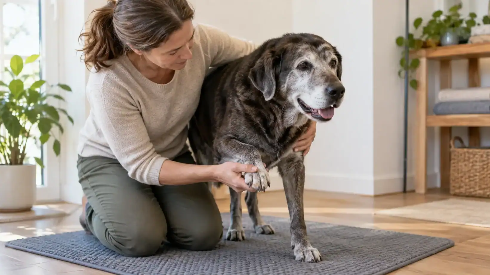 A senior dog supported on a nonslip mat during a gentle paw check