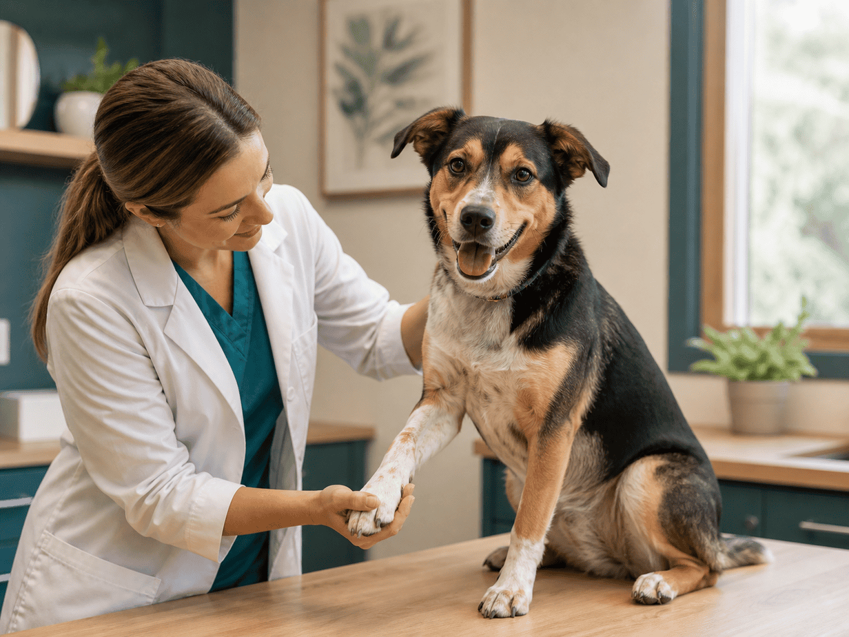 Veterinarian gently examining a dog’s paw and coat
