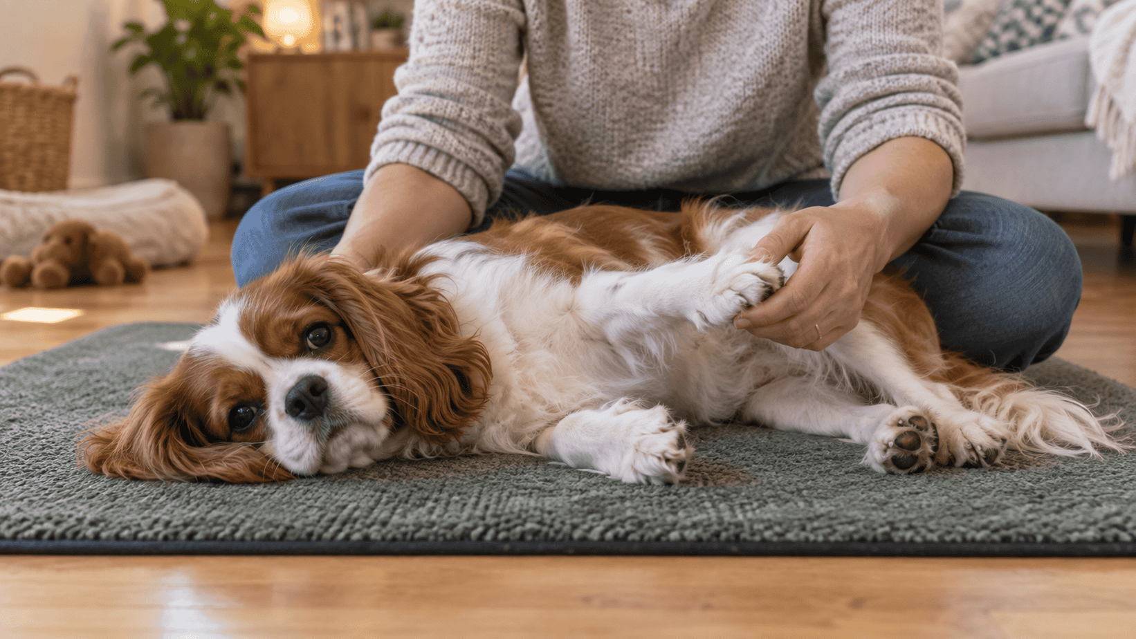 Small dog lying comfortably on its side while a handler gently supports an upper paw