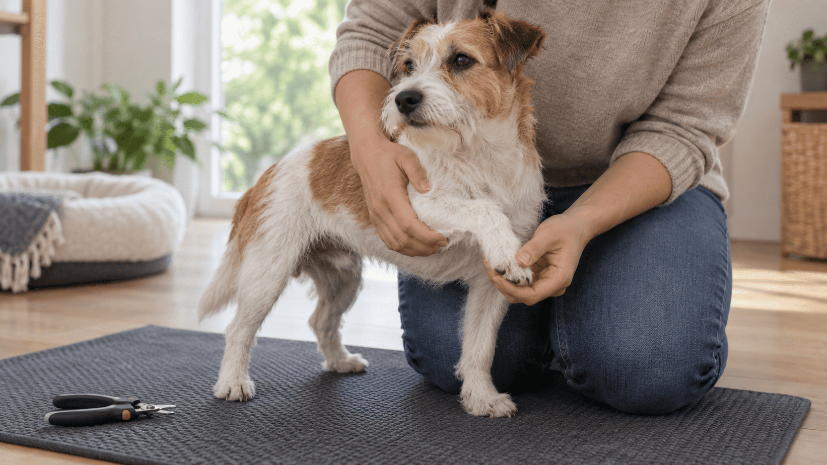 Small dog standing on a non-slip mat while a handler supports its body and front paw