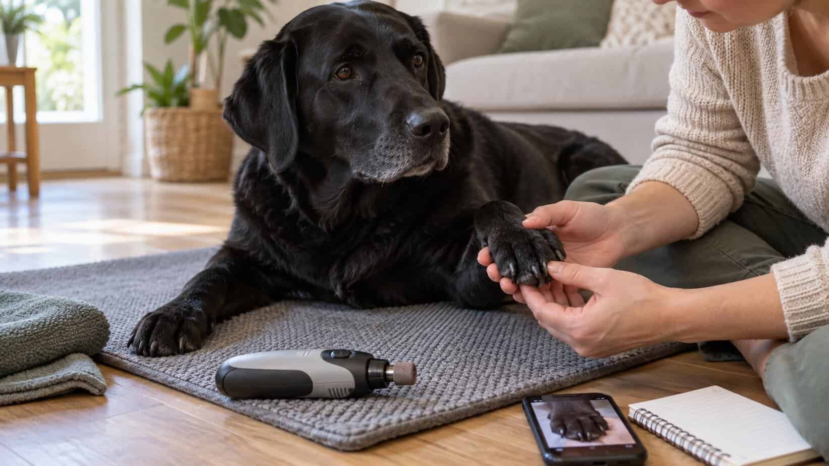 Calm black dog having its dark nails checked beside a grinder and a progress photo.
