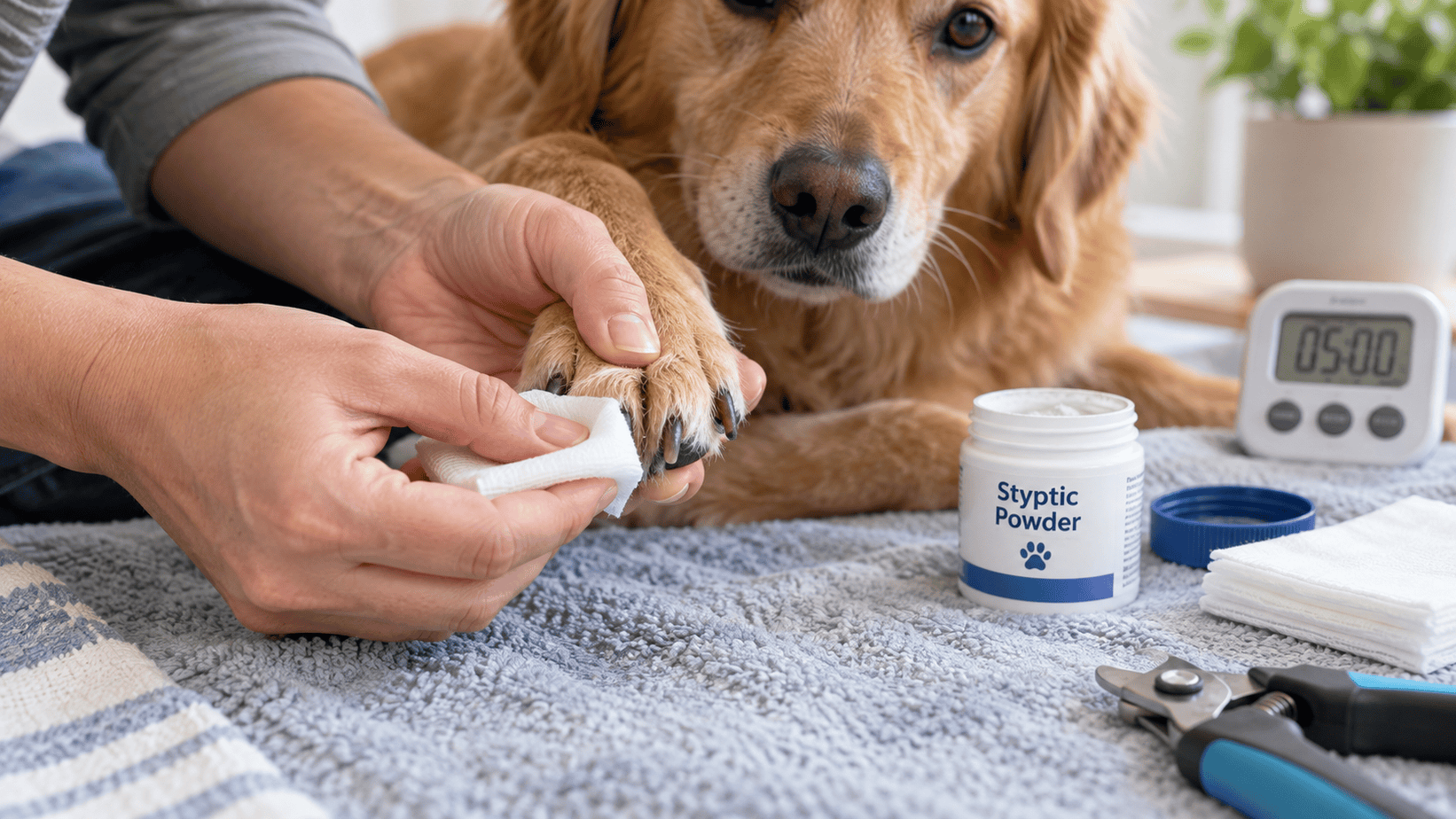 Styptic powder and gauze held with steady pressure against a dog's clipped nail
