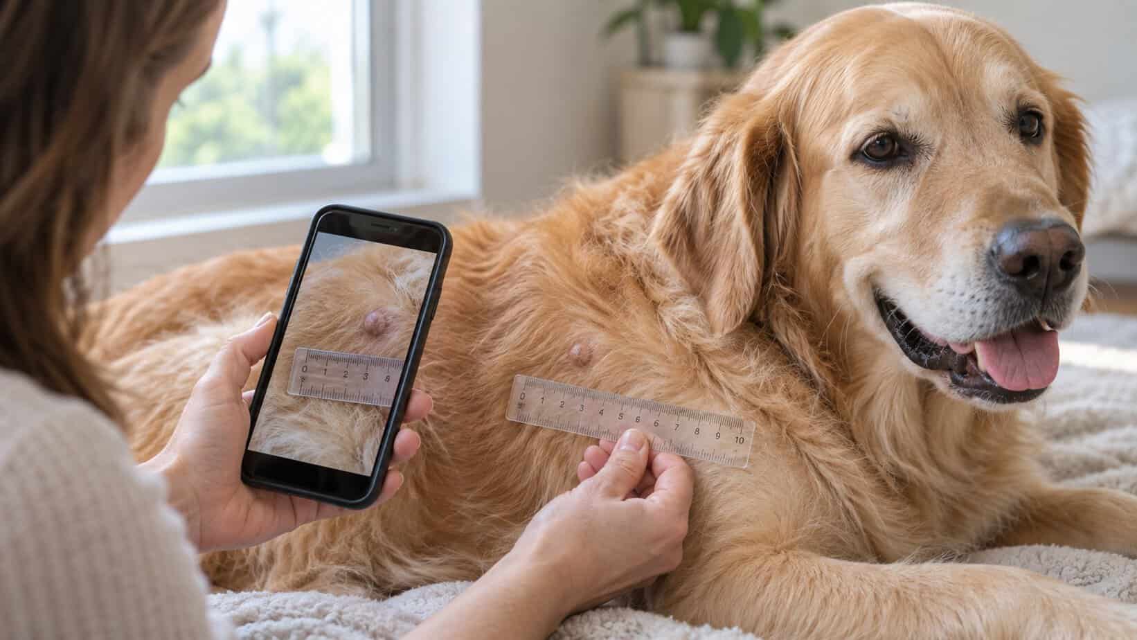 Owner photographing and measuring a small skin growth on a dog with a ruler