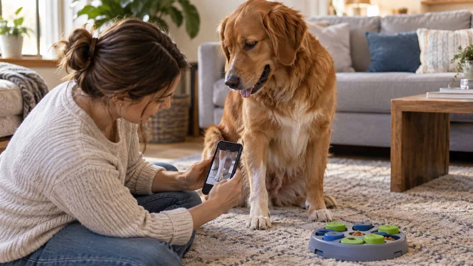 Owner photographs a dog's lower leg to track skin changes while the dog uses a food puzzle