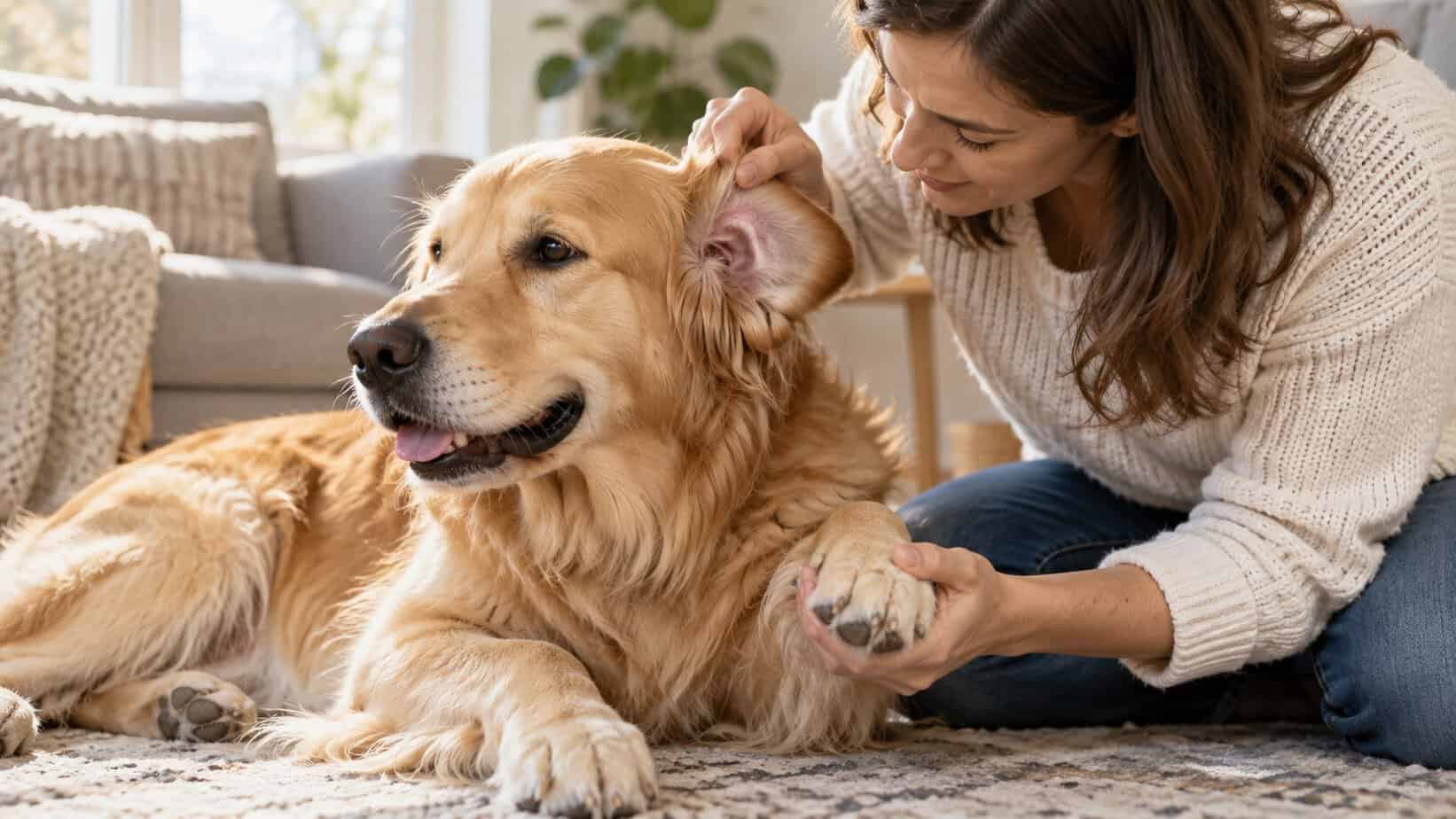Owner gently checking a golden retriever's paw and ear for possible allergy signs