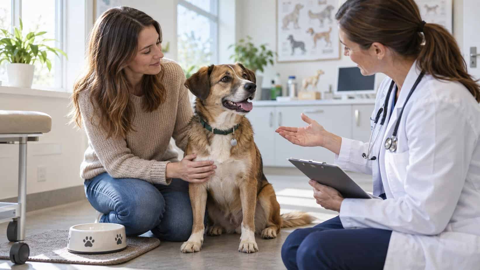 Dog owner and veterinarian discussing a suspected turkey allergy with a calm dog