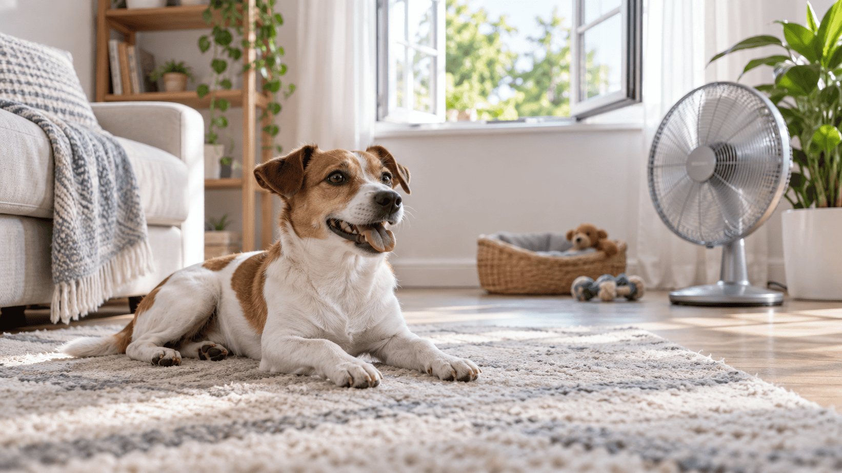 Small dog resting comfortably by an open window and fan in a well-ventilated room.