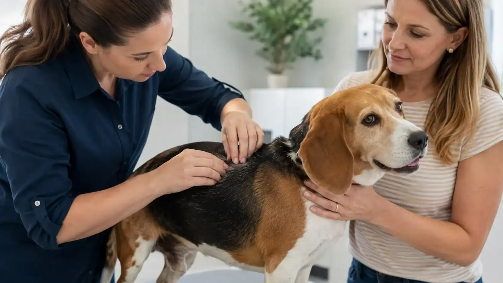 Veterinarian examining a beagle's coat for dry flakes and skin irritation