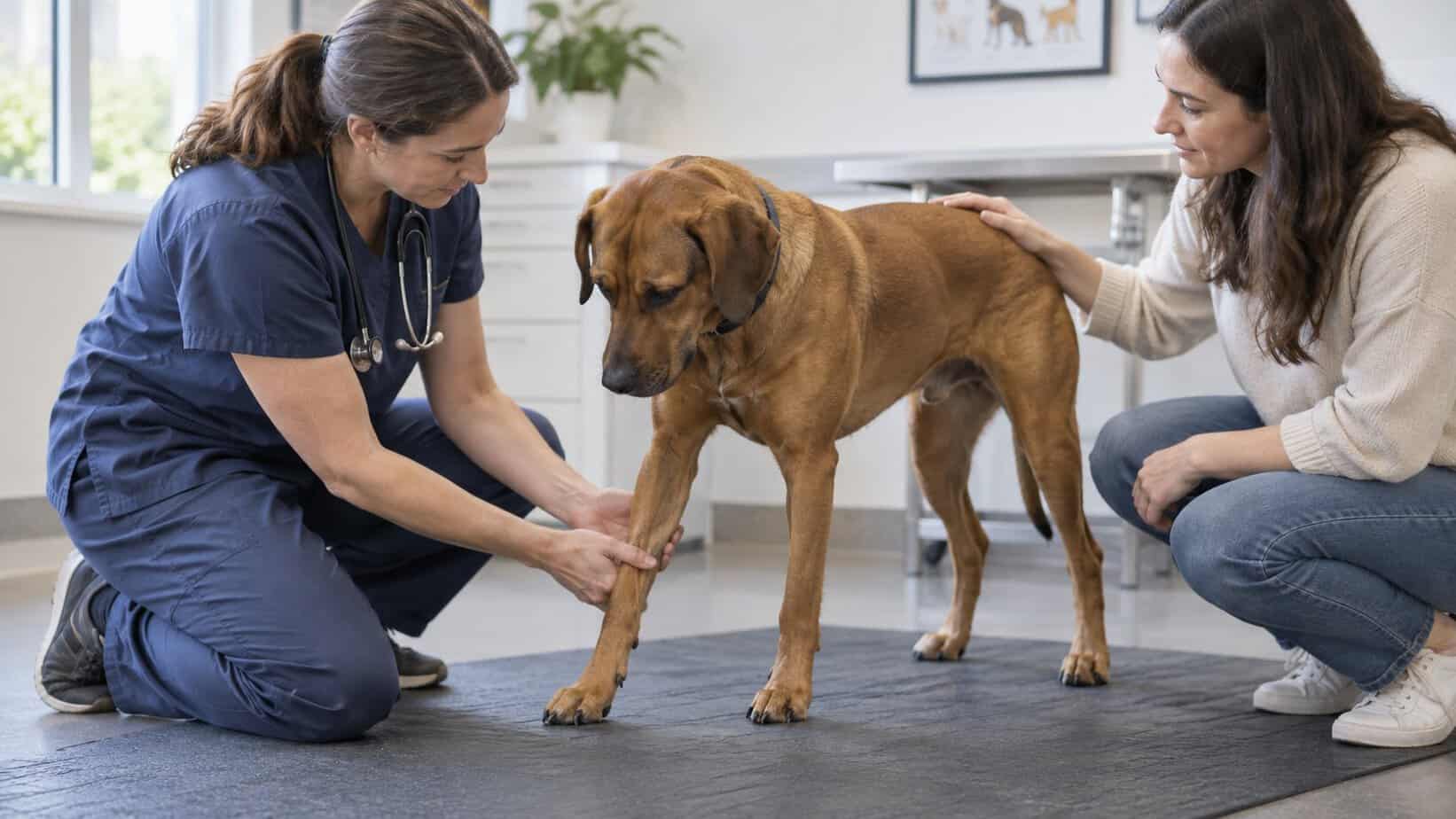 Veterinarian gently examines a dog’s front leg while the owner reassures the dog.