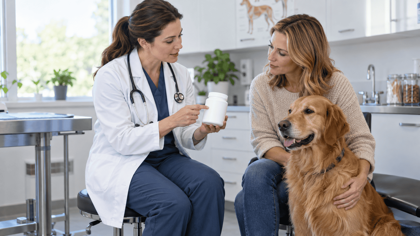 Veterinarian discussing a canine probiotic with a dog owner