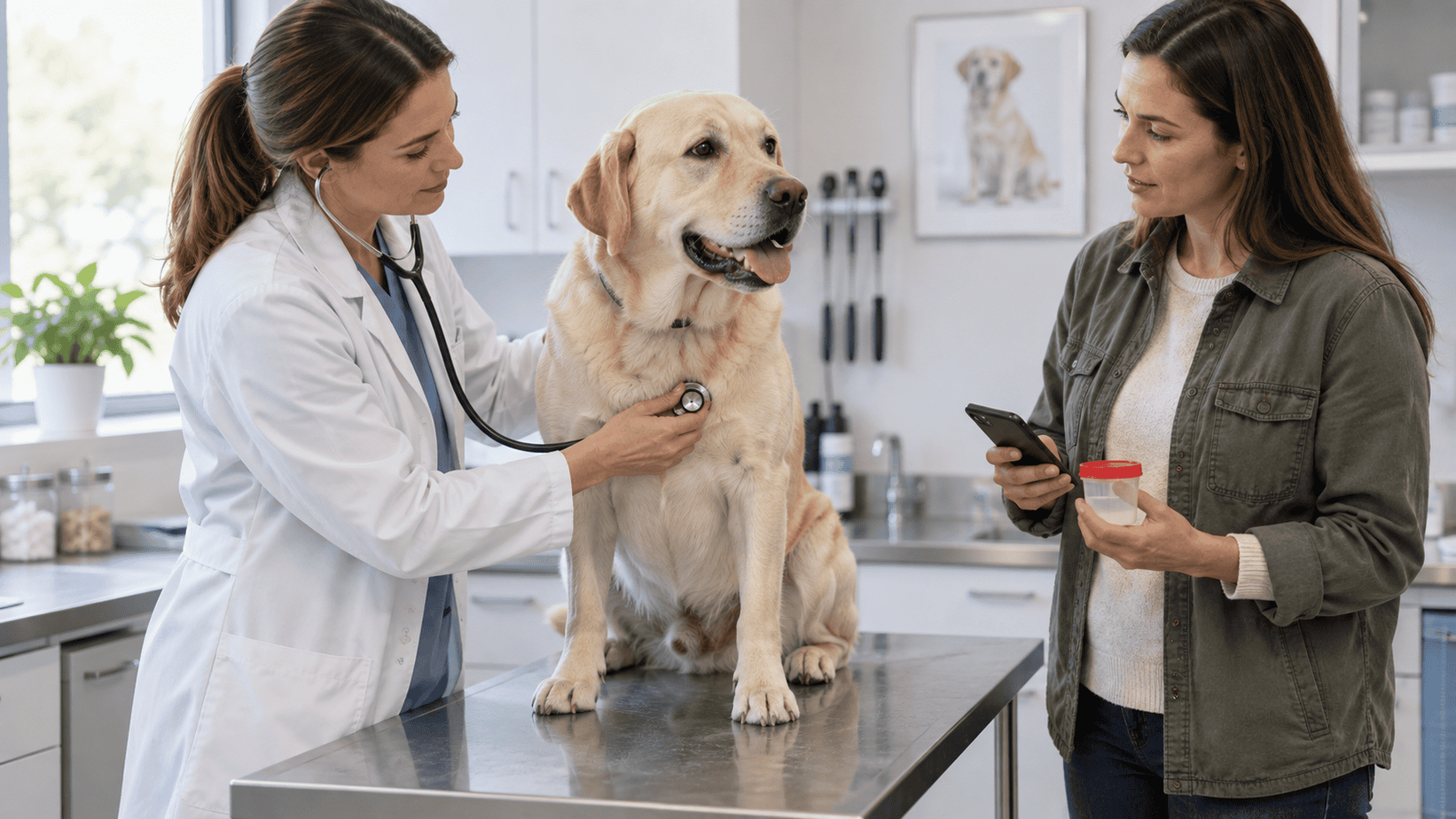 Veterinarian examines a Labrador while the owner holds a stool sample