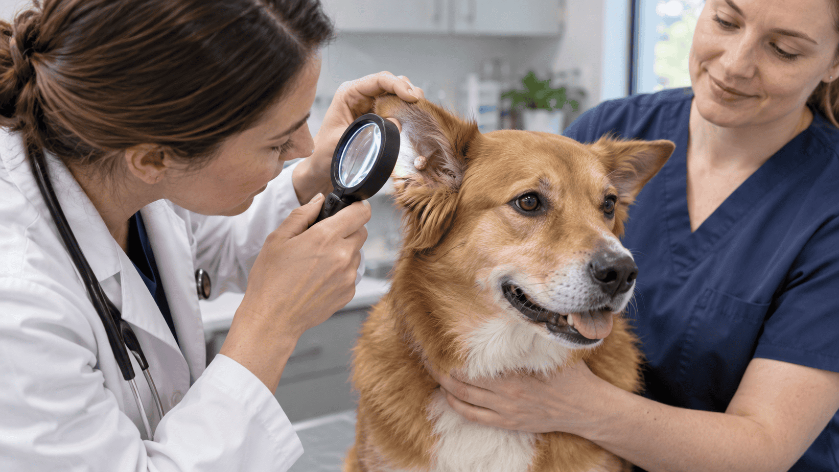 Veterinarian examining a wart-like growth near a dog's outer ear