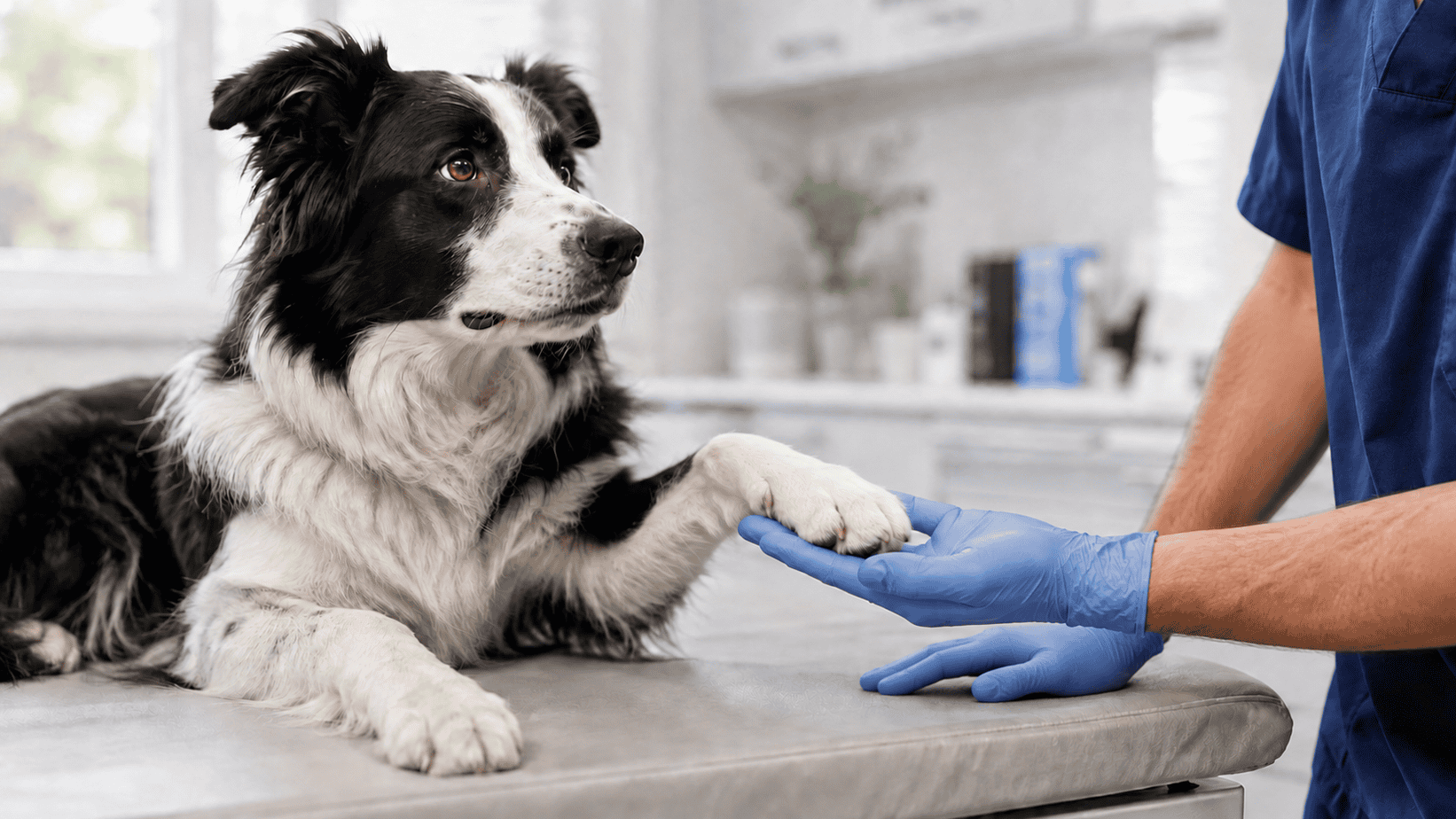 Veterinarian gently examining a dog's front paw and nails