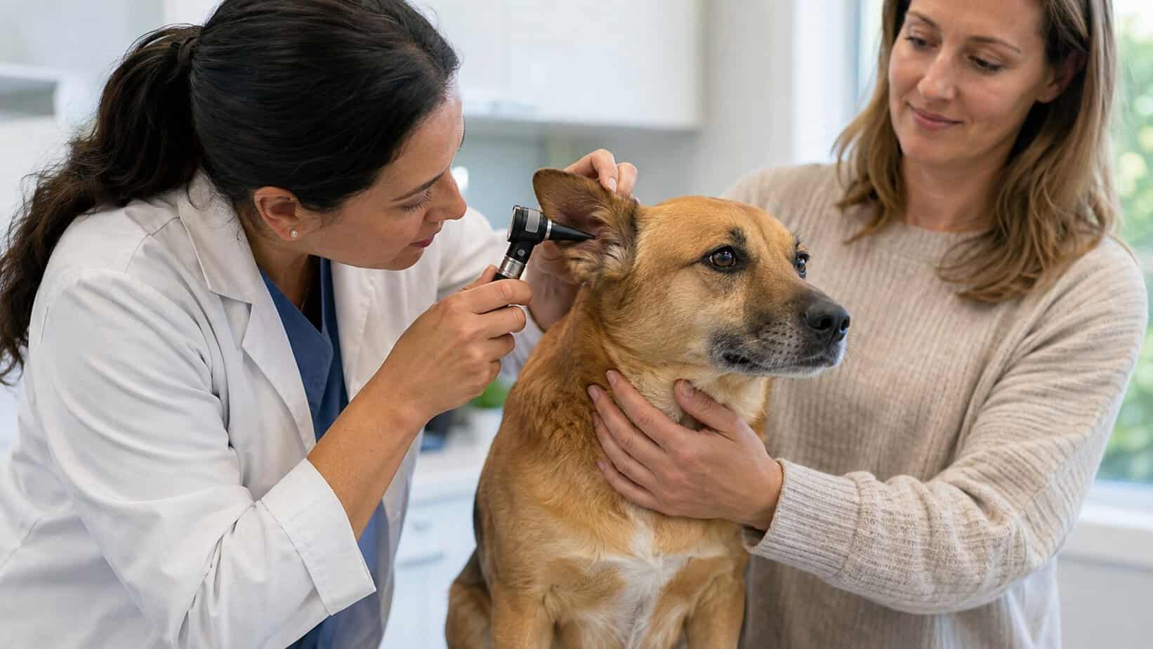 Veterinarian examining a dog's ear with an otoscope