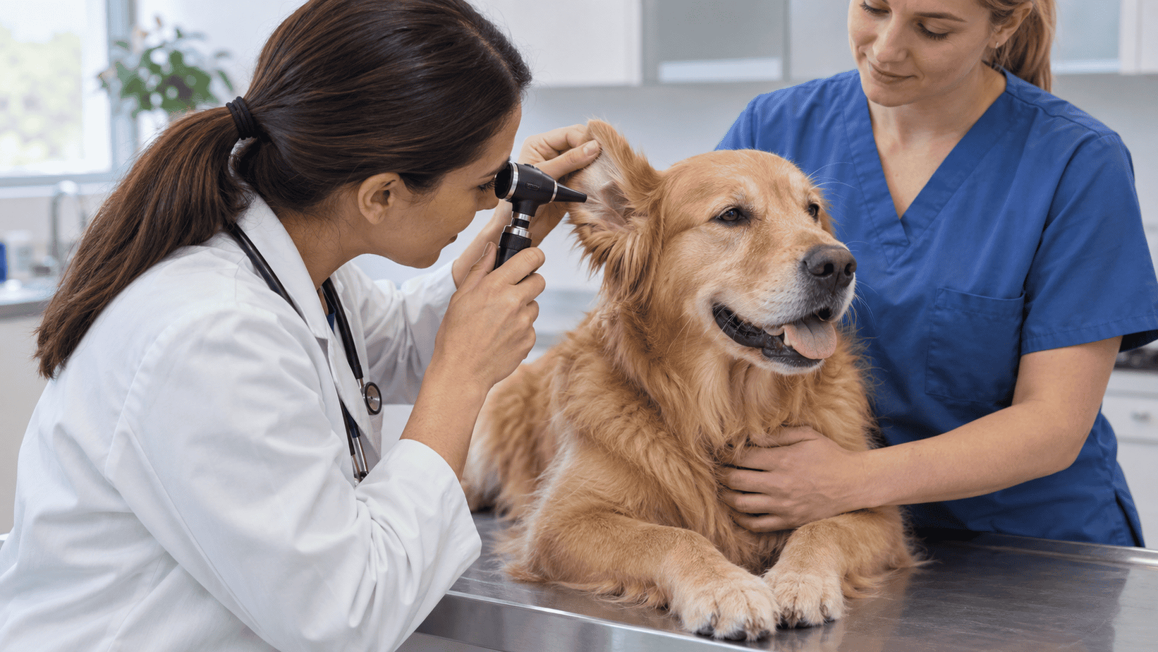 Veterinarian examining a dog's ear canal with an otoscope