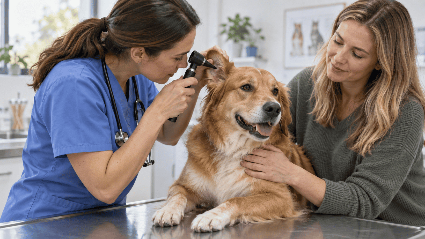A veterinarian gently examining a dog's ear with an otoscope while the owner provides reassurance