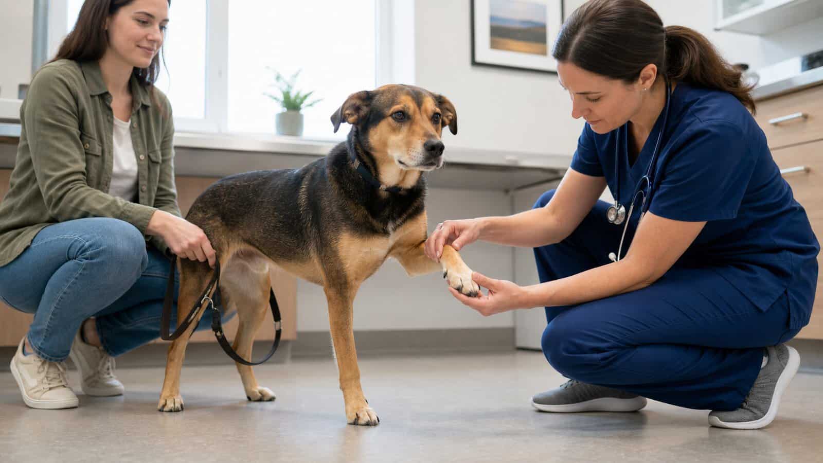 Veterinarian gently examining a dog's front paw in a clinic
