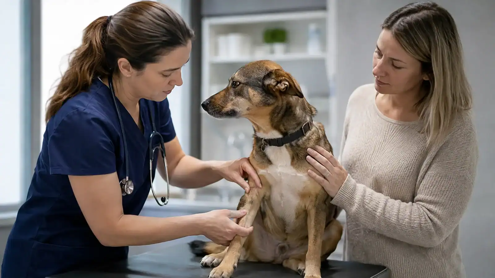 Veterinarian examining the skin on a calm dog's front leg while the owner provides reassurance