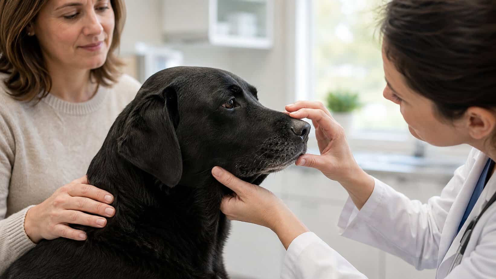 Veterinarian examining persistent dryness on a dog’s nose