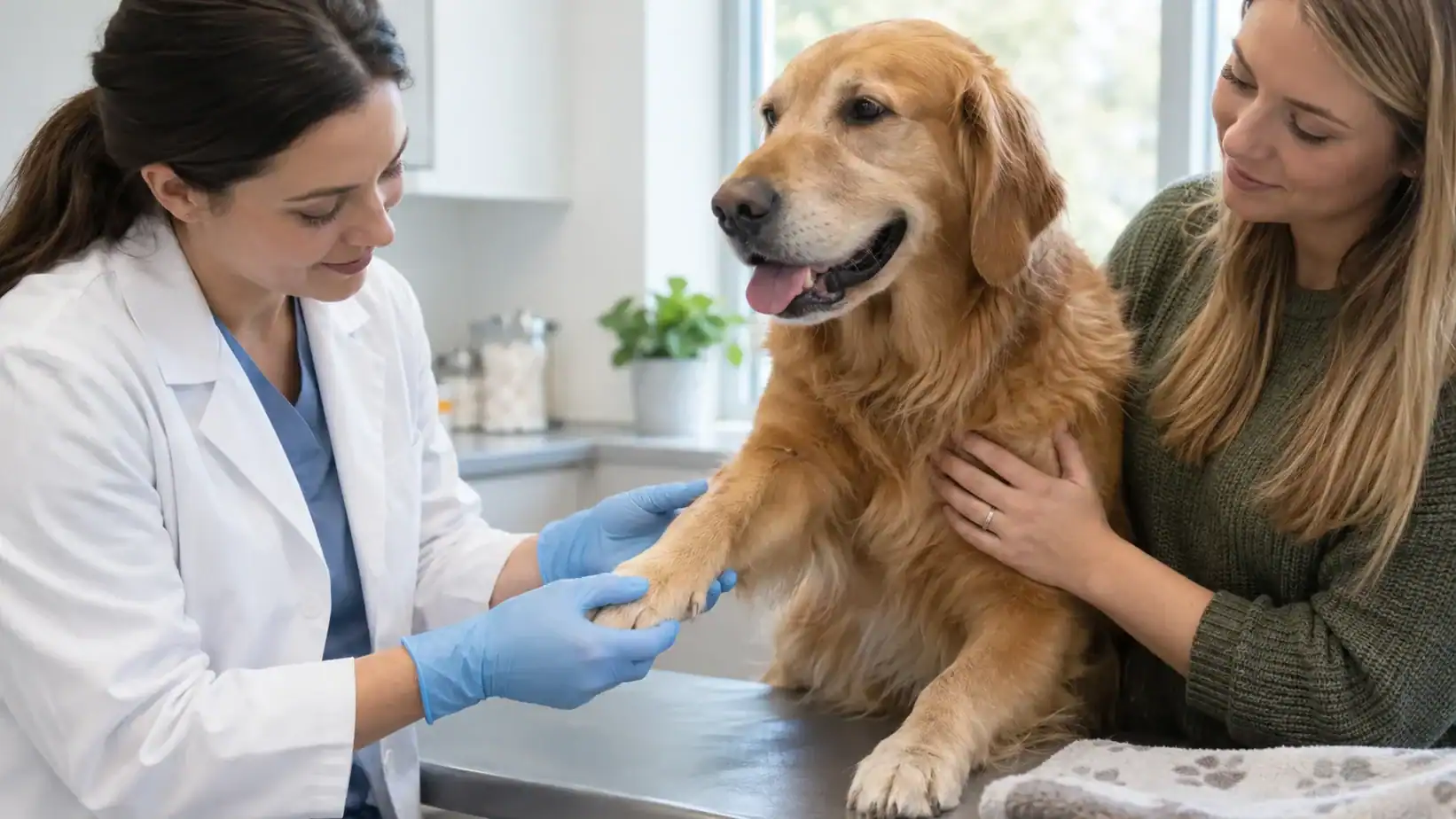 Veterinarian gently examines a calm dog’s front paw while its owner comforts it.
