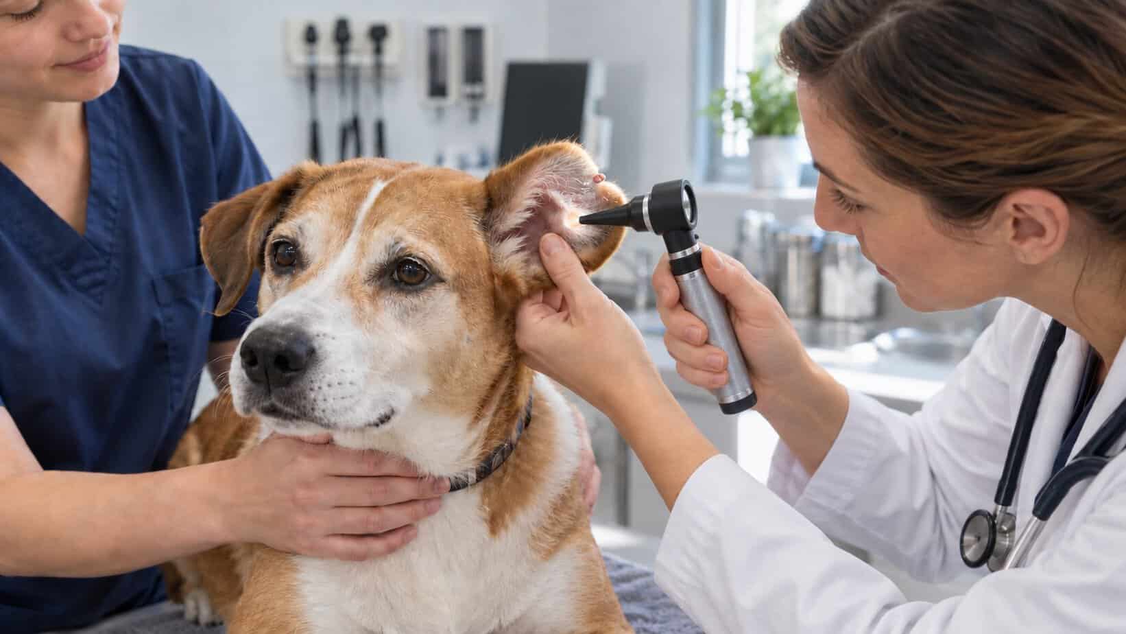 Veterinarian examining a dog's ear with a handheld otoscope