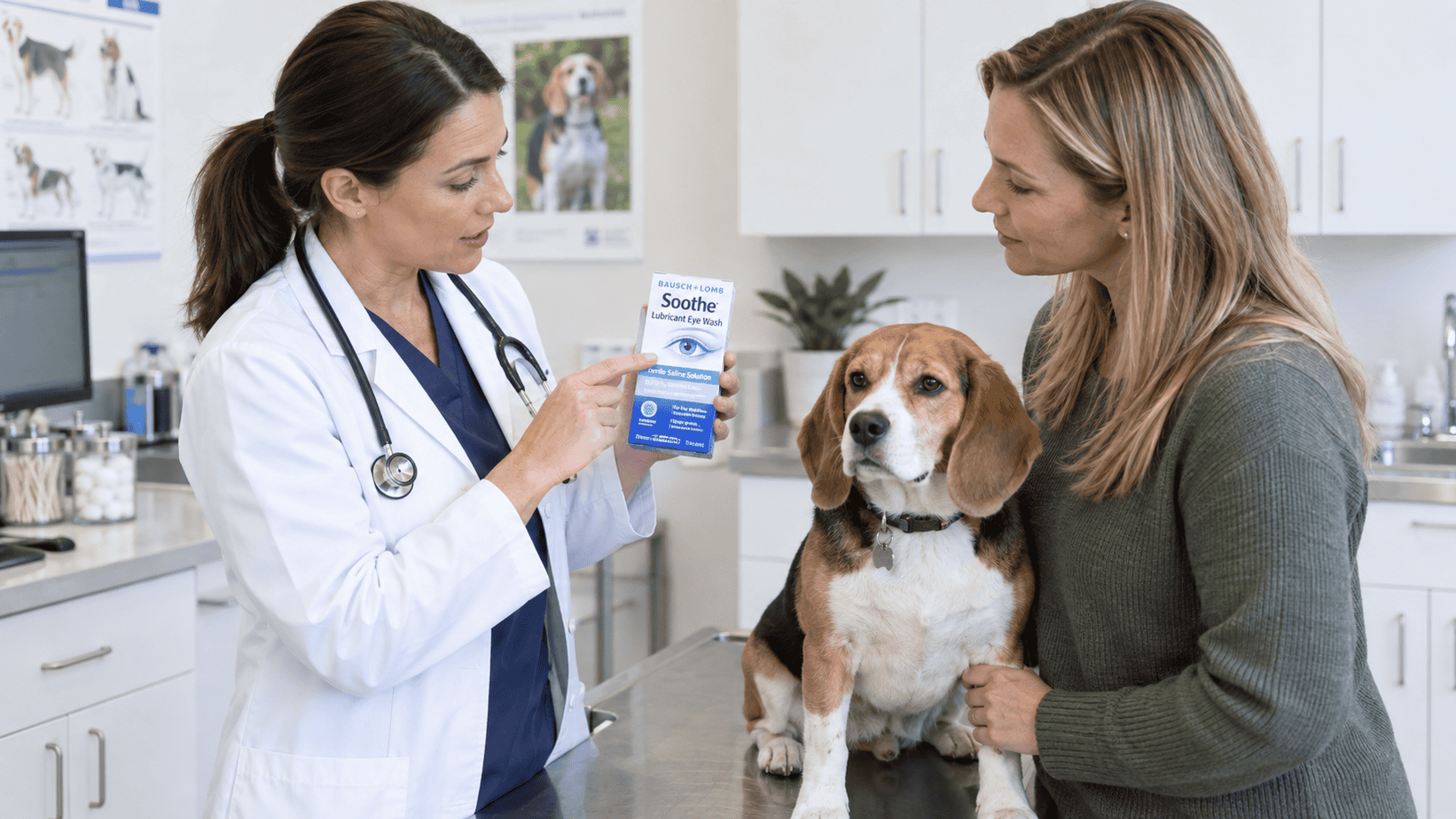 Veterinarian shows a dog owner a sterile saline eye wash beside a calm beagle