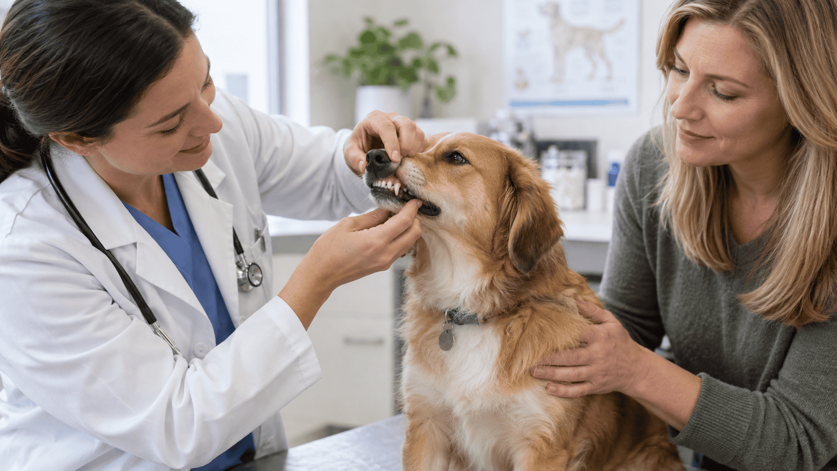 Veterinarian gently examines a calm dog's teeth while the owner provides reassurance