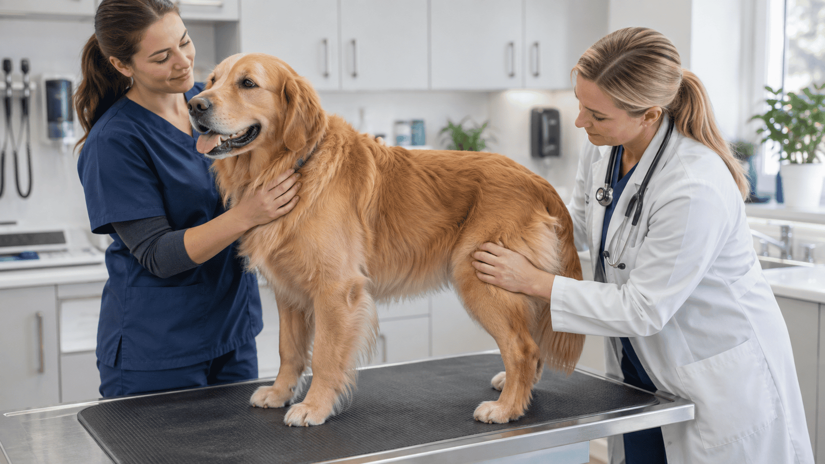 Veterinarian calmly checking a dog's hindquarters during a recheck