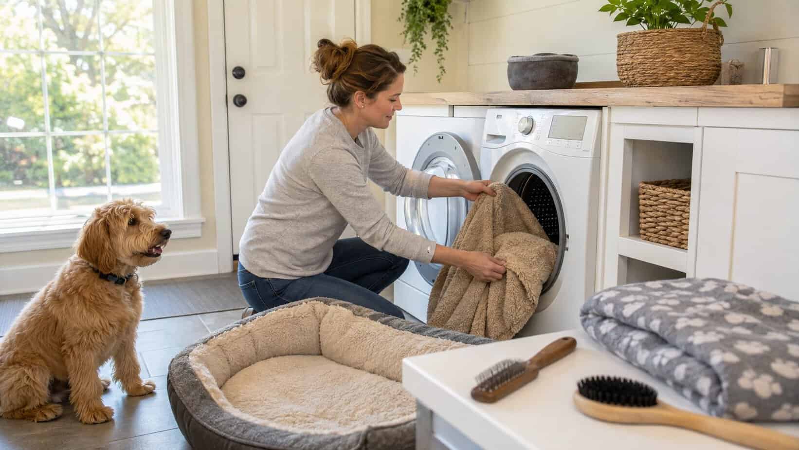 Owner washing dog bedding to help prevent ear mite reinfection
