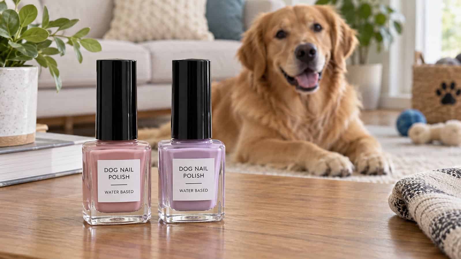 Two labeled water-based dog nail polish bottles with a relaxed dog in the background