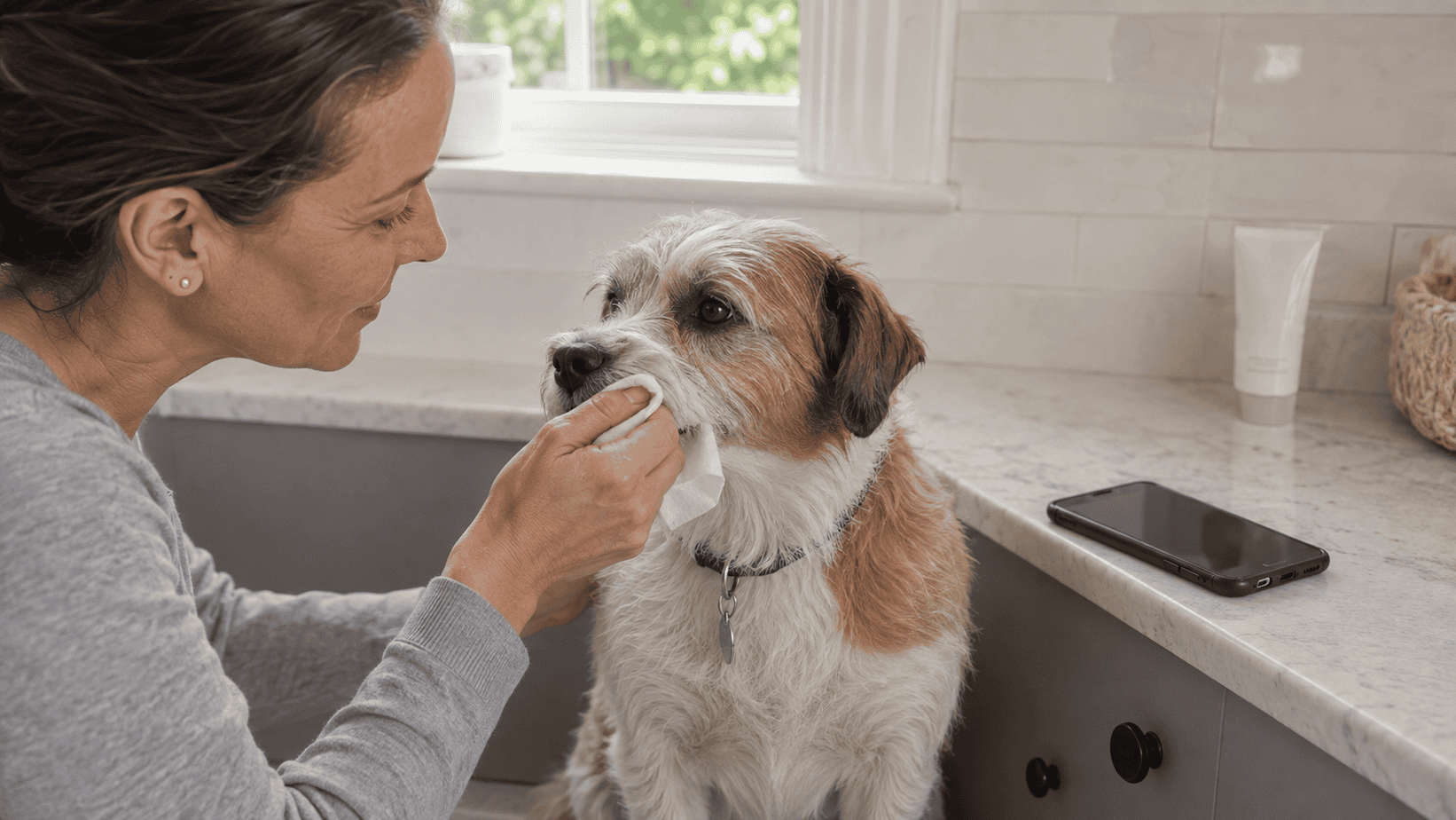 Owner gently wiping diaper rash cream residue from a dog's muzzle
