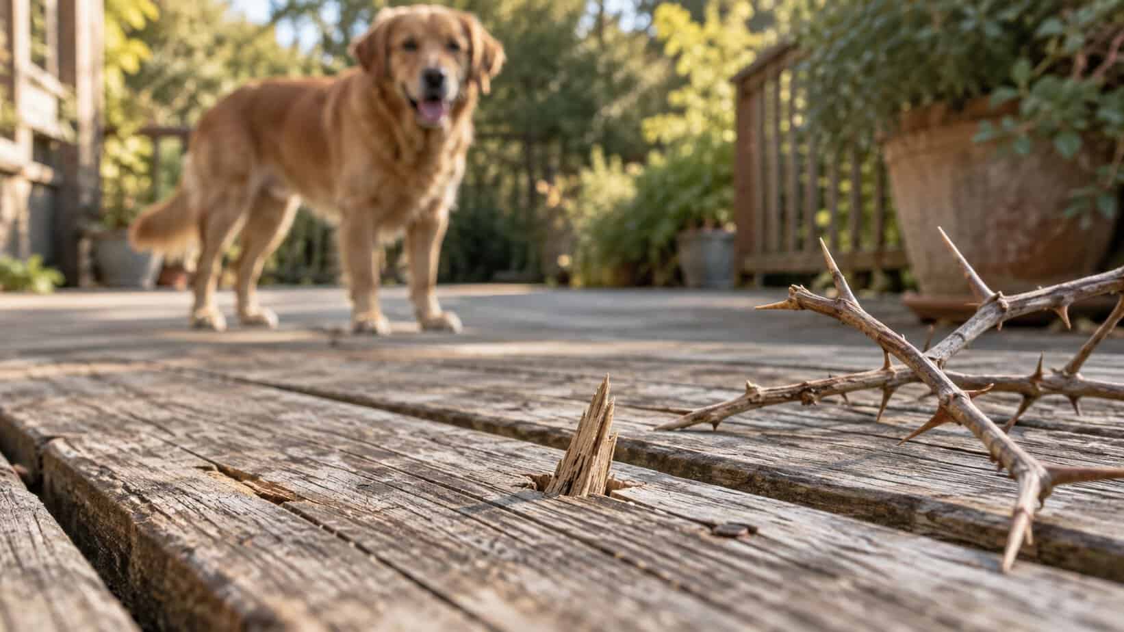 Protruding wood splinter and thorny twigs on an outdoor deck, with a dog in the background.