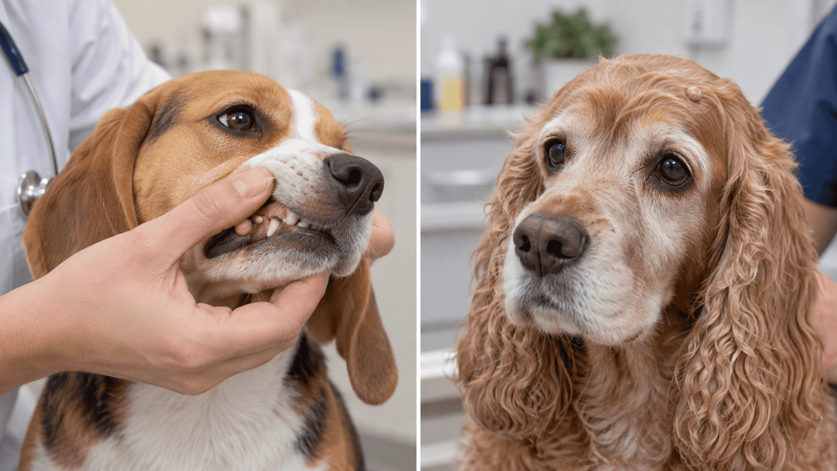 Young dog with oral papillomas compared with an older dog with a solitary head growth